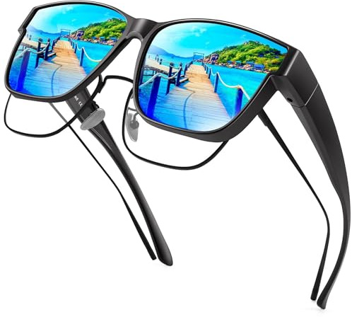 URUMQI Überzieh Sonnenbrille über Normale Brille, Polarisiert Überbrille Sonnenbrille für Brillenträger Damen Herren, Fit over Sunglasses mit UV400 Schutz für Fahren, Angeln Schwarzer Rahmen
