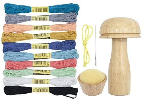 Niktule Holzstopfpilz, Ausbesserungspilz-Stopfpilz, Pilz-Darner aus Holz zum Stopfen von Socken, Mit Garn und Gummiband aus Holz, Hüte, Hosen, Pullover, Darner-Set zum Selbermachen, Nähen, Basteln