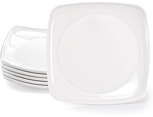 Fasmov 6 Pack 10.5 Melamine Sqaure Dinner Plates, Unbreakable Serving Dishes, Modern Square Dinnerware, Square Serving Plate for Steak, Pasta, Fruit, Salad, Snacks, Pizza, Appetizer Plates, White