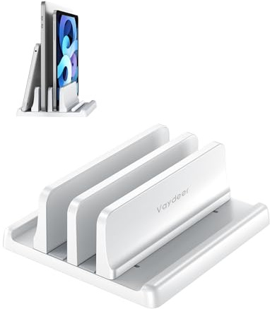 Vaydeer Soporte Vertical para Portátil de Escritorio, Organizador Soporte de Portátil de Plástico de Doble Ranura con Diseño 4 en 1 que Ahorra Espacio, Soporte Ajustable para Portátil de