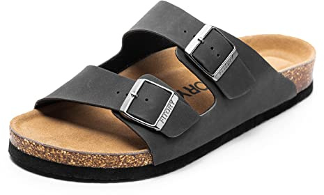 FITORY Mens Sandals, Arch Support Slides with Adjustable Buckle Straps and Cork Footbed for Summer Matte Black Size 8.5