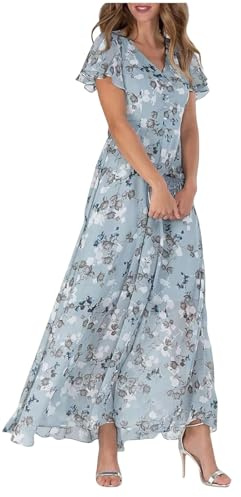 FZKun Women's Chiffon Floral Maxi Dress - Summer Elegant Boho Long Flowy Dresses Ruffle Sleeves V Neck Vacation Beach Outfit Wedding Guest Engagement Cocktail Party (XXL,Grey Blue)