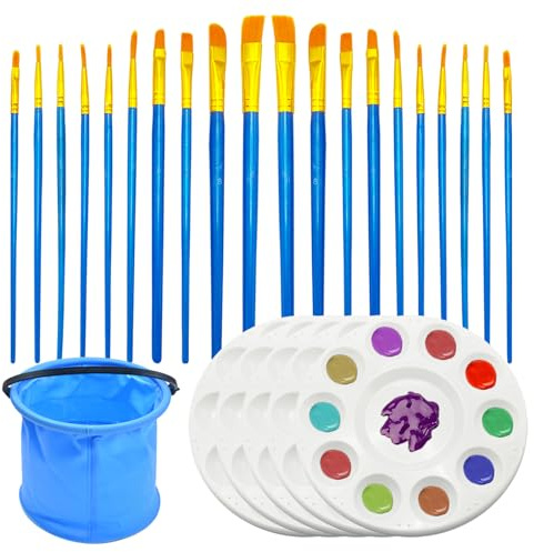5PCS 10-Löcher Mischpalette Kunststoff, Rund Malpalette Mit 20 Pinseln Und 1 Eimer, Professionell ölmalerei, Gesichtsmalerei, Aquarellmalerei, Kunst des Zeichnens