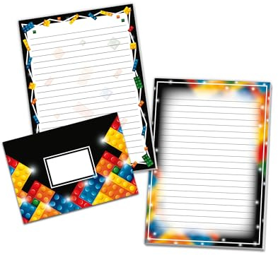 Briefpapier-Set mit 2 Schreibblöcken und 25 Umschlägen für Kinder Schulheft Heft Notizblock Heft (1 Block Bausteine und 1 Block Farbverlauf A5 mit je 25 Blättern + 25 Briefumschläge)