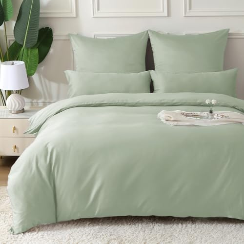 MILDLY Satin Bettwäsche 155x220 Baumwolle,Seidig Luxus Bettzeug,Salbeigrün | 100% Langstapelige Baumwolle Seidig Luxus Bettzeug, ÖkoTex Zertifiziert, 1 Bettbezug 155x220 & 1 Kissenbezug 80x80