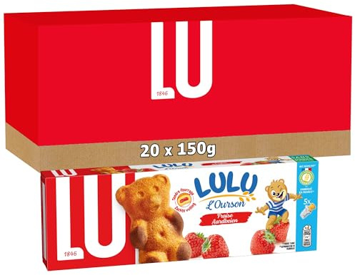 LU - Lulu L'Ourson Fraise - Gâteau Moelleux Fourré à la Fraise - Idéal Goûter, Petit Déjeuner, Snack - Lot de 20 Paquets de 150 g