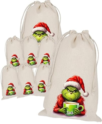 Grin Weihnachtsmuffel Adventskalender zum Befüllen, 24 Stoffbeutel, Bedruckt 20x15 Groß, Weihnachten Geschenksäckchen, Säckchen, DIY Selber Befüllen, Weihnachtskalender