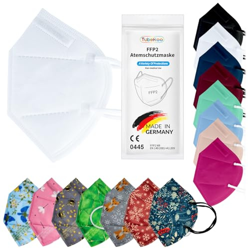 TubeRoo FFP2 Maske Bunt Farbig 20 Stück Set Masken Motiv Muster in Dunkelblau Blau Bordeaux Hellblau Pink Rot Grün Grau Weiß Schwarz, aus Deutschland, Made in Germany, Atemschutzmaske, Mundschutz
