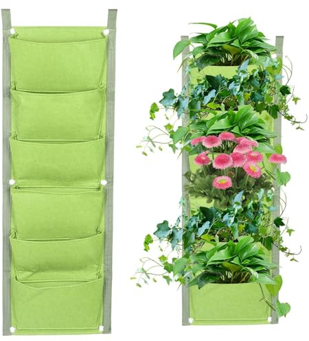 Jwthee Hängende Pflanzbeutel, 1 Packung, 6 Taschen, vertikale Pflanztasche, vertikaler Garten-Pflanzgefäß, Wand-Gartenarbeits-Wachstumstasche, für drinnen und draußen, Wand-Pflanzgefäß, (Grün)