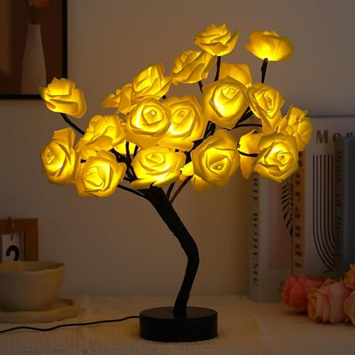 Drawelry Rose Flower Tree Lamp, LED Rose Tree Table Lamp USB Powered Artificial Bonsai Flower Night Light for Bedroom Living Room Party Decor (Yellow)