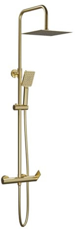 Sistema de Ducha Nite Monomando con Rociador Atlas 25x25 cm - Barra Telescópica Ajustable y Mango de 3 Funciones (Oro Cepillado)