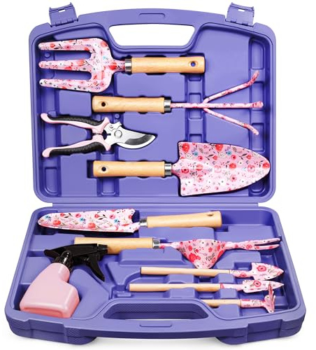 Grenebo Gardening Tools, Heavy Duty Gardening Hand Tools with Fashion and Durable Garden Tools Organizer Handbag, Garden Hand Tools with Carrying Case Gardening Gifts for Women (Purple）