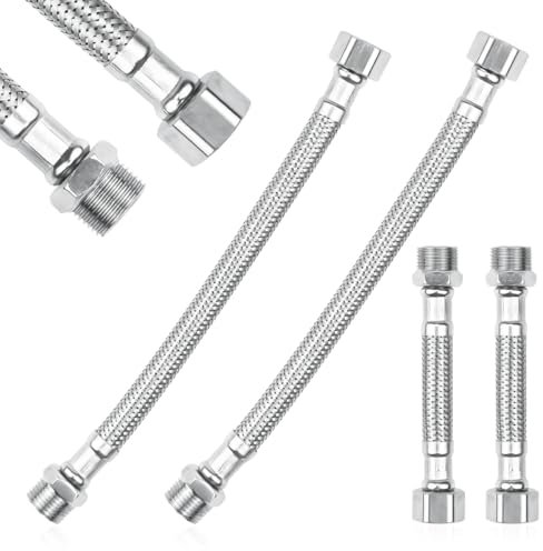 4 Pièces Tuyaux Flexible, 3/8 Tuyau Blindé En Tressé Acier Inoxydable, Raccord et Filetage Mâle Rallonge, Tuyaux de Raccordement, Flexible de Robinetterie pour Robinet Salle De Bain WC (20 cm/10 cm)