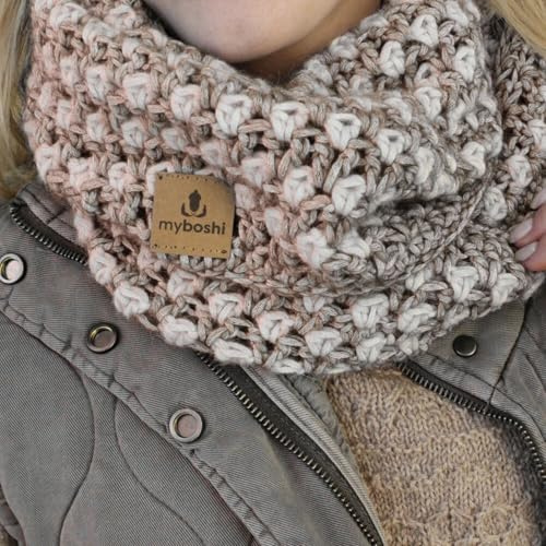 myboshi Häkelset Loop Cloud für Anfänger, inkl. Garn, Häkelnadel, Wollnadeln, Anleitung, Label, 76% Baumwolle, 22% Baby Alpaka, 2% Merino Beige mit Häkelnadel