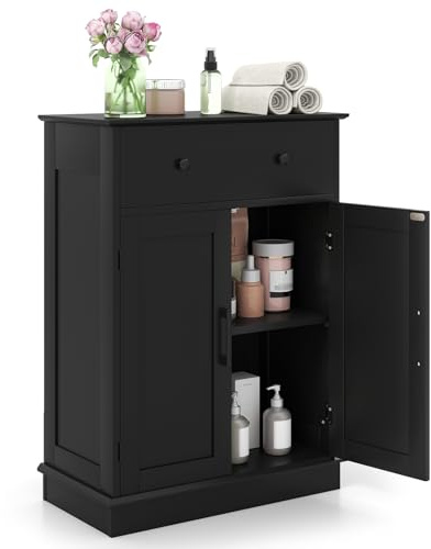 COSTWAY Badezimmerschrank, Badschrank mit Schublade, Türen & verstellbarem Regal, Kommode Holz für Badezimmer, Wohnzimmer, Schlafzimmer & Küche, 56 x 30 x 80cm (Schwarz)