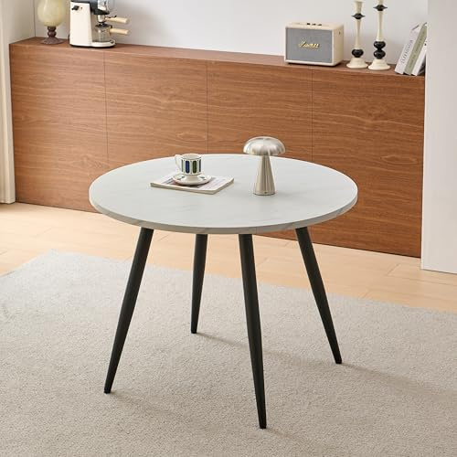 Colorig Modern 100CM Round Dining Table with Round Black Metal Legs, 2-4 Seaters Wooden Table, Space-Saving Kitchen Table for Dining Room Living Room or Office (White Marble)