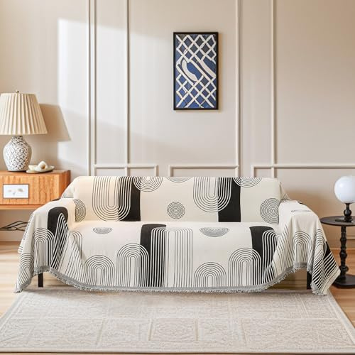 Capslpad Chenille Sofa Covers 2 Seater, Corner Sofa Slipcover Washable Couch Cover Reversible Sofa Cover with Tassel Geometric Dog Safe Couch Covers Breathable, All-season Universal(Black,180x260cm)