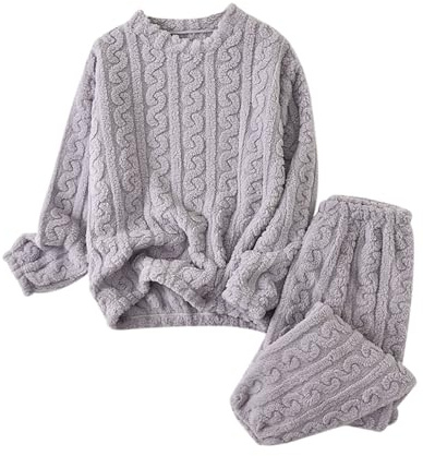 Celanisai Pigiama da donna, 2 pezzi, in pile, caldo, morbido, biancheria da notte invernale, caldo, in due pezzi, con pulover e pantaloni da sonno, tinta unita, con peluche