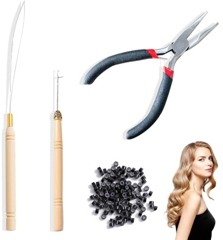 Plkjiu Professional Hair Extensions Tools Kit - 4-Piece Micro Link Extension Pliers Set with 100PCS 3.0mm Silicone Rings for Hair Beads Links (Black) | Salon Quality Hair Extension Application Tools