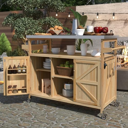 Isola da cucina da esterno con carrello in acciaio inossidabile Top Rolling Bar Carrello in legno massello Armadietto portaspezie e asciugamani con ruote bloccabili per barbecue e patio, finitura