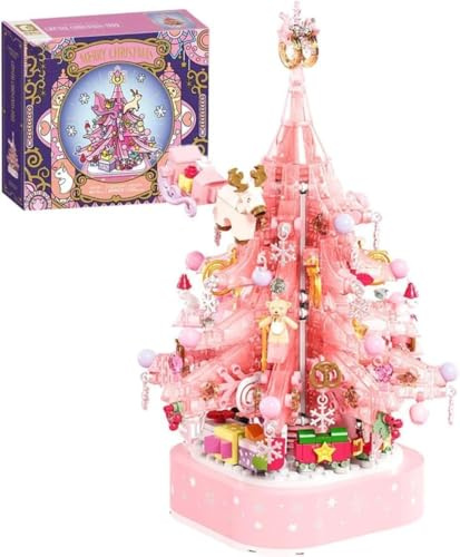 ENPUSI Klemmbausteine Weihnachtsbaum Pink, 675 Teile Rosa Kristall Weihnachten Spieluhr Bausteine Bausatz mit Licht, DIY Weihnachts Christmas Konstruktions Set