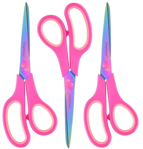 SnipStation 8.5 Office Scissors Heavy Duty, Titanium Coating Sharp Blades, Ergonomic Semi-Soft Rubber Grip, Scissors All Purpose for Sewing, School, Fabric, Art Craft Supplies, Pink, 3-Pack