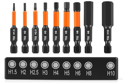 9Pcs Hex Allen Key Drill Bit Set S2 Steel Impact Allen Wrench Drill Bit Set | 50mm Length Magnetic Hexagon Screwdriver Bits Sets 1/4” Hex-Shank Metric Inner Socket with Storage Box, H1.5-H10