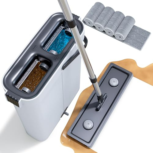 CTIME Juego de fregona con cubo con 4 almohadillas de microfibra lavables, fregona manos libres, cubo de limpieza con función de escurridor para madera dura, laminado y azulejos (40 cm)