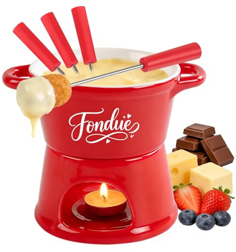 Yoassi Keramik Käsefondue Set, Mini Schokoladenfondue Tasse, Käsebecher mit 4 Gabeln, zum Schmelzen Käse Schokolade Butter, 300ml Porzellan Topf für Familienessen Nachtisch, Geburtstagsfeier, Rot