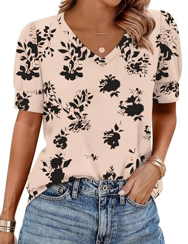 Rapbin Bluse Damen V-Ausschnitt Kurzarm Locker Top Tunika Ärmel mit Knöpfen | Kurzarm Top Tunika Locker Sommer Elegant Casual Oberteile