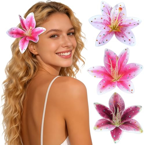 Bafutayawa 3 piezas de pinzas para el cabello con flores, lirio hawaiano con strass, accesorios para el cabello para fiesta en la playa y boda