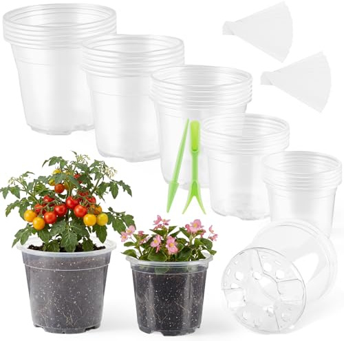 Sutowe plastodlingskrukor, 25-pack genomskinliga planteringskrukor med dräneringshål i botten, 8/10/13/15/18 cm för förökning av grönsaker, sticklingar och sådd