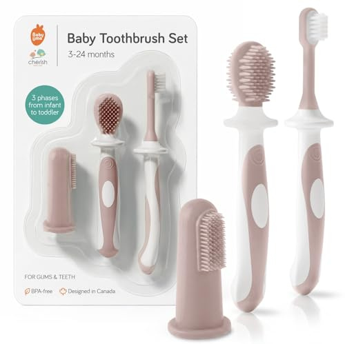 Cherish Baby Care Baby Toothbrush 0-2 Years - Silicone 3-Pack (Rose Pink) | BPA-free food-grade silicone baby toothbrush set with finger toothbrush baby care essentials. Award-winning oral kit.