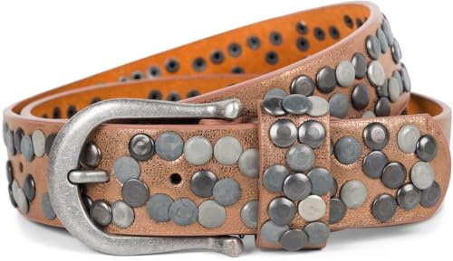 styleBREAKER Damen Nietengürtel 4 cm | Kunstleder mit bunten Nieten | Halbrunde Metallschnalle | Vintage Look für Jeans | Kürzbar, Farbe:Bronze, Größe:90cm
