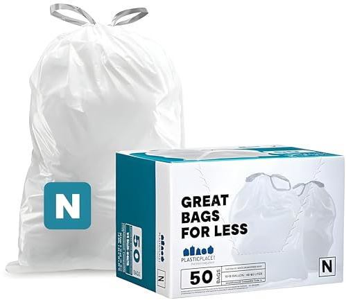 Plasticplace Simplehuman Müllbeutel mit Kordelzug, Code N, 45-50 Liter, 57,8 x 80 cm, 50 Stück, Weiß