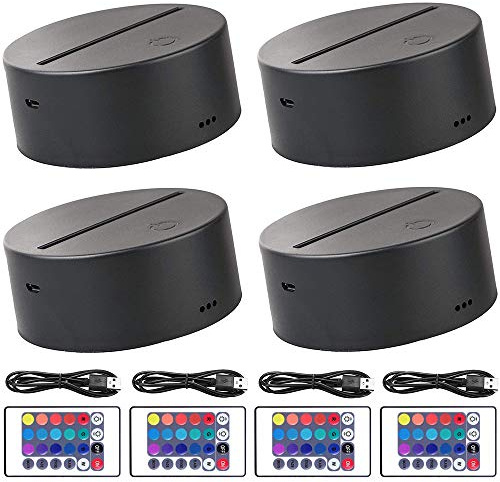 4Pcs 3D Night LED Light Lamp Base + Remote control + 1 Acrylic Sheet + USB Cable Adjustable 7 Colors Decoration Decorative Lights for Bedroom Childroom (4Pcs Black)