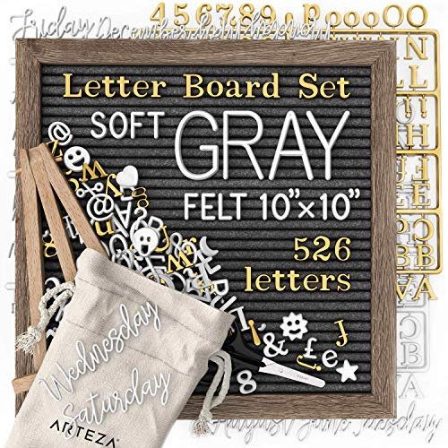 Arteza Gray Felt Letter Board Set, 10x10 Inches, With 526 Changeable Letters, 164 Symbols, 33 Cursive Words, Wooden Stand, Scissors & Storage Bag, Message Board for Signs, Decor & Menus