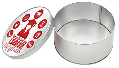 gadgeteventi Scatola Laurea in Metallo Personalizzata Breve Storia di Un Laureato/a Scatoline Porta Gioie Regalo per Feste di Laurea (Tonda, Laureata)