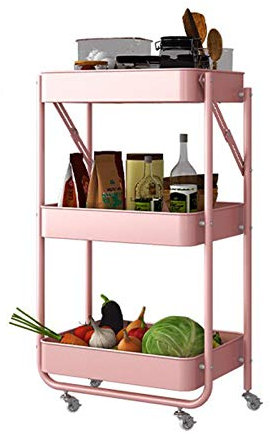 ZXCVBNAS Aufbewahrungstrolley mit 3 Etagen, Rollwagen, Utility Organizer Trolley mobiles Regal, Aufbewahrungsregal für Küche, Badezimmer, Schlafzimmer mit(Keine Notwendigkeit zu installieren),Rosa