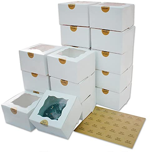 TRENDZ4U Bakery Boxes with Window, 50 Pack 4x4x2.5 Inches Small Sweet Boxes Empty Gift Box Cake Boxes with Bonus Best Wishes Stickers - Cupcake Boxes