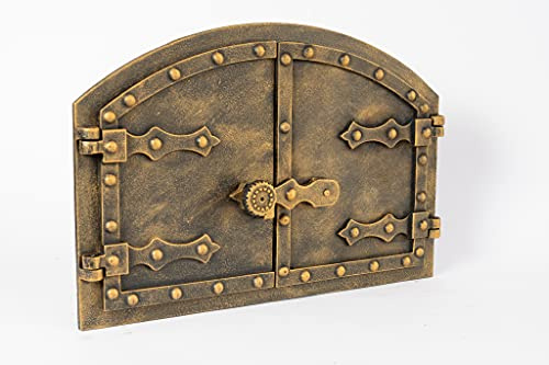 SEZAM doppelte Backofentür aus Gusseisen mit Türriegel, Nietenoptik, Pizzaofentür - Brotofen - Steinofentür, 53,2 x 5,5 x 35,5 cm, altgoldfarbene Bemalung
