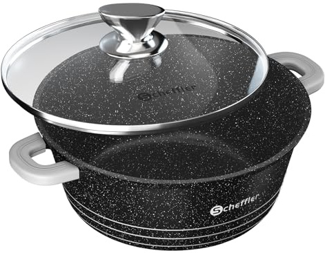 Topf Scheffler Schmortopf Induktion 36cm/14L Kochtopf mit Glasdeckel | Aluminiumguss, Antihaftbeschichtung , Aluguss, 2 Silikon Griffschutz, für alle Herdarten Schwarz