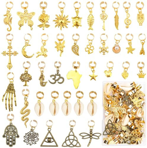 40 Pcs Locs Hair Jewelry Braids Hair Clips Adjustable Hair Cuffs African Style Dreadlocks Hair Beads Butterfly Shell DIY Hair Pendant Charms Hair Decoration for Locs Accessories (Gold and Bronze)