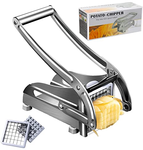 QUTHZZHY Coupe Frites, Coupe-Frites en Acier Inoxydable, Coupe Frite Manuel Professionnel, avec 2 Inserts de Coupe, Accessoires pour Friteuse, Passe au lave-Vaisselle,Antidérapant, pour Oignon,Carotte