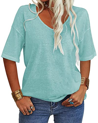 Tankaneo Camiseta de manga corta para mujer, cuello de pico, informal, suelta, básica, verano, media manga, túnica de gran tamaño, menta, XXL