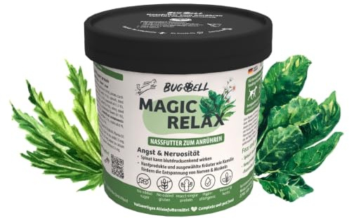 BugBell 8x100g Terrine MagicRelax – Nassfutter zum Anrühren | Hypoallergenes Nassfutter mit Insekten – für Ruhe & Entspannung mit Fenchel und Kamille - Hundefutter nass mit Hanf & Spinat