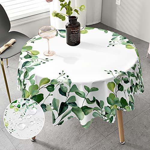 iEvery Tischdecke Rund 150 Abwaschbar, Tischdecke Eukalyptus Floral Gartentischdecke für Draußen Polyester Outdoor Wetterfest Table Cloth Waterproof für Küche Gartentisch Esstisch Party