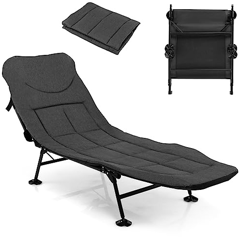 KOMFOTTEU Lettino da Campeggio Pieghevole, Schienale Regolabile in 6 Livelli, Brandina con Materasso Rimovibile, Letto Portatile con Piedini Girevole a 360°, per Spiaggia, Carico 200 kg (Grigio)