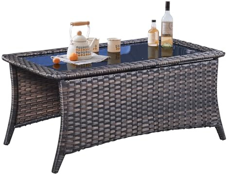 Belord Outdoor Coffee Table with Tempered Glass Top, Patio Rectangular Brown Wicker, Handwoven Rattan Coffee Table Compatible with Patio Furniture Sets for Porch Deck Backyard