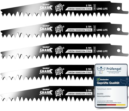 BAURIX® Sticksågblad för Trä I SHARK® [5 st] I 150 mm, 5 TPI I Snabba och Rena Snitt I För Grovt, Vått, Ved, Levande Trä